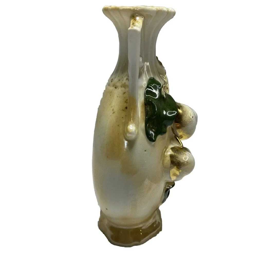 Antique Small Iridescent Two Handled Vase Raised Fruits Leaves Gold G.H. Mumm Co